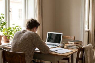 Studentin am Schreibtisch mit Unterlagen und Laptop