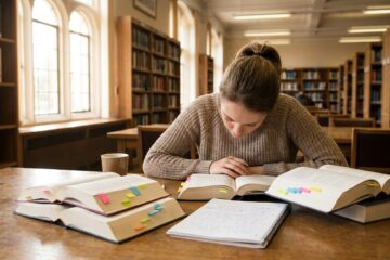 Studentin lernt mit Gesetzestexten und Notizen in der Bibliothek