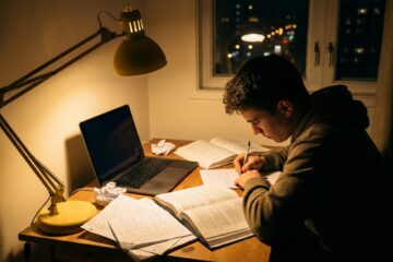 Studentin lernt mit Laptop und Unterlagen am Schreibtisch